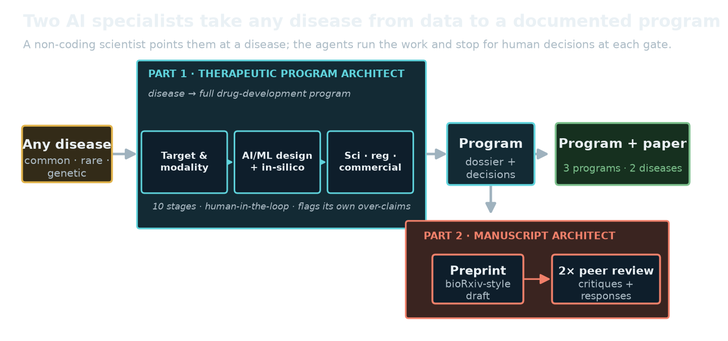Two-agent pipeline: any disease feeds the Therapeutic Program Architect (10-stage, human-in-the-loop) which produces a full drug-development program dossier; the Manuscript Architect then turns it into a bioRxiv-style preprint hardened by two rounds of synthetic peer review