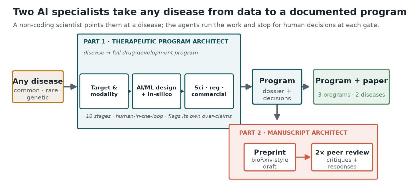 Two-agent pipeline: any disease feeds the Therapeutic Program Architect (10-stage, human-in-the-loop) which produces a full drug-development program dossier; the Manuscript Architect then turns it into a bioRxiv-style preprint hardened by two rounds of synthetic peer review
