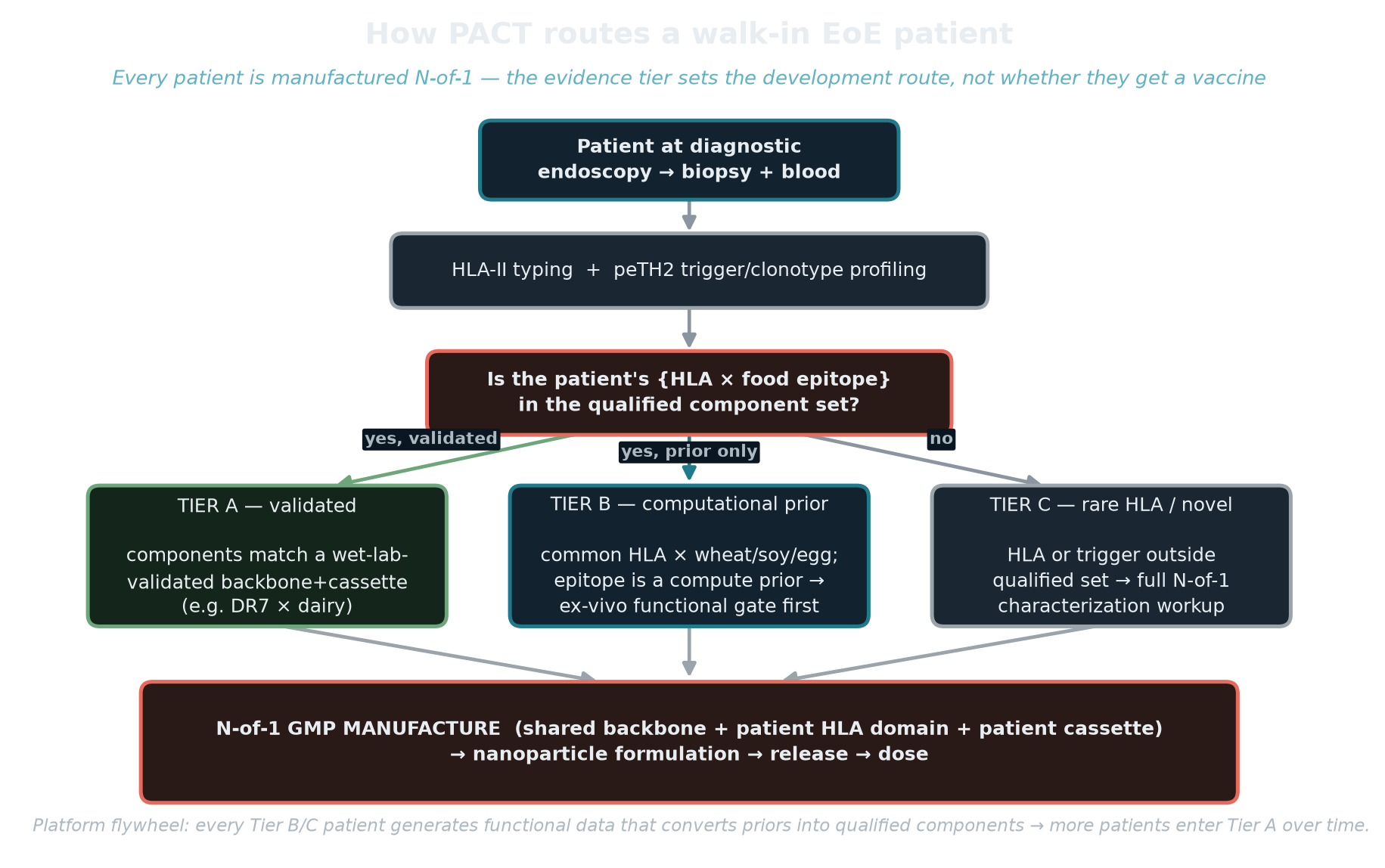 Decision tree showing how the PACT engine routes an individual EoE patient: from diagnostic biopsy and blood through HLA-II typing and trigger profiling to one of three manufacturing tiers, all converging on an N-of-1 nanoparticle product